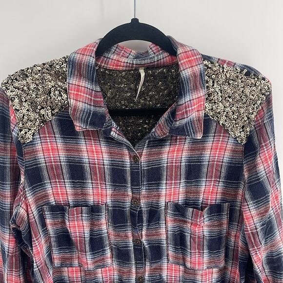 Free People Little Bit of Sugar flannel sequin long sleeve button up shirt sz L - Picture 2 of 7